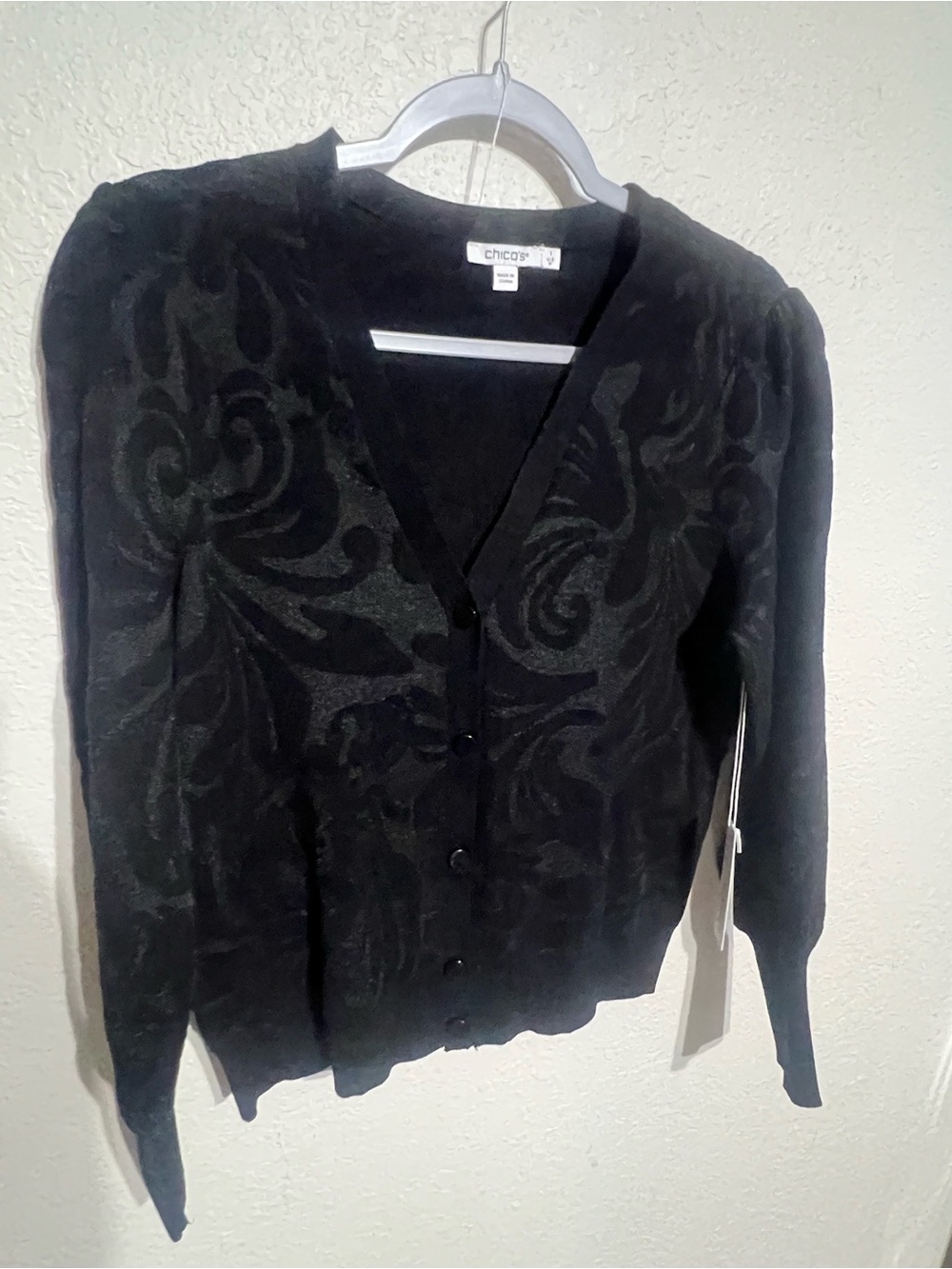 Chico's Black Jacquard V-Neck Button Cardigan
